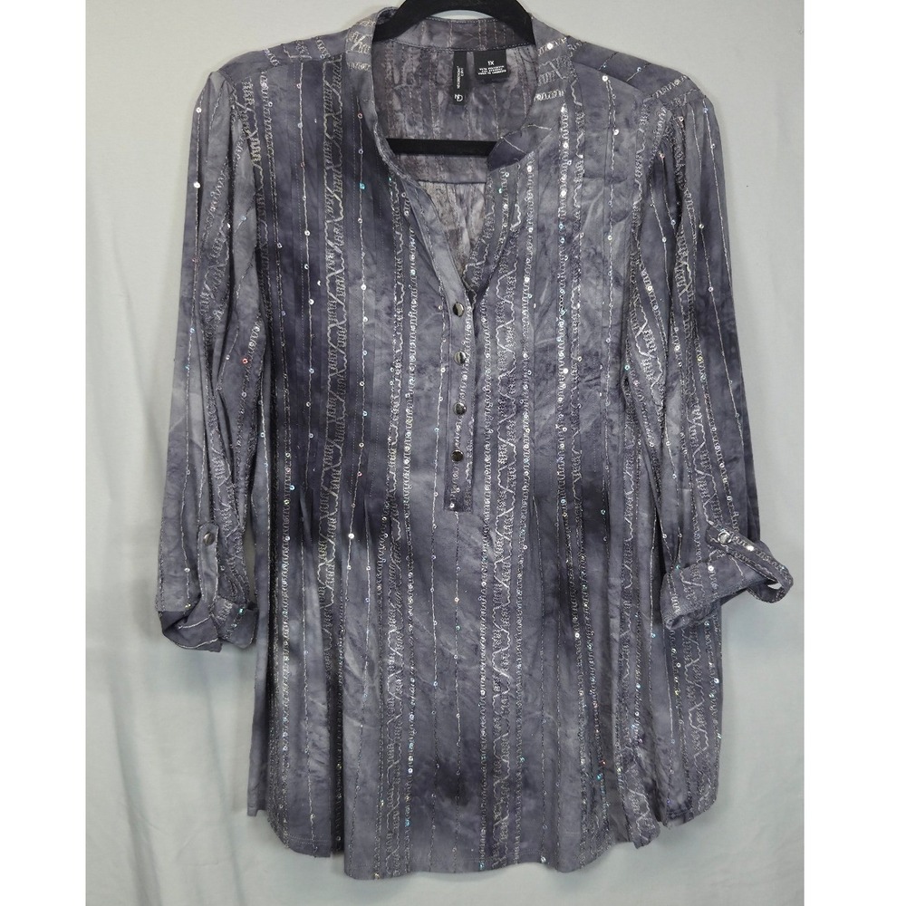 New Directions Curvy Blouse Womens 1X Gray Excellent Sequin Split Neck Y2K 2000s